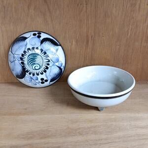 Mexican Pottery Ceramica Artistica Gomez Blue Flower Trinket Container Floral